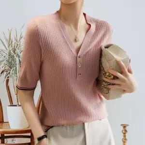 여성 여름 골지 브이넥 반팔 니트 티셔츠 핑크 단추 여자팔 시원한팔 통풍