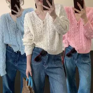 여성 긴팔 진주 단추 브이넥 예쁜 니트 가디건예쁜 사무실 봄가디건 루즈핏 뜨개