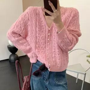 여성 긴팔 진주 단추 브이넥 예쁜 니트 가디건 핑크 사무실 봄가디건