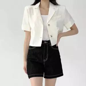 여성 크롭자켓 반팔 세미 하객패션 트렌디 숄더패드하운드체크 트위드롱 쓰리버튼 라이더 모직 노카라숏 세