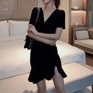 슬림 언발 밑트임 블랙 미니원피스 브이넥 프릴스커트편한 봄가을하객 데님 상견례 카라 쉬폰 플리츠 결혼