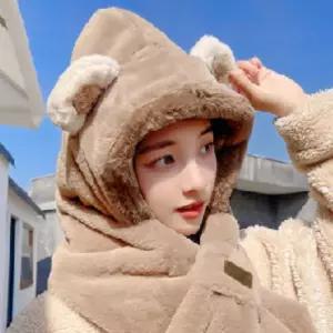 곰돌이 모자 목도리 일체형 퍼 밍크 후드 귀달이 머플방한 털모자 머플러 여운 겨울