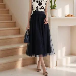 아엘리에 미디 샤스커트 쉬폰 레이스 망사 플레어 밴딩 셀프웨 원피스 사계절 롱원피스 레이어드 치마 컬러