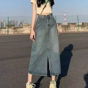 밑단 트임 롱 데님 스커트 슬릿 청치마 미디스커트 7부 앞트임 키큰여자 H라인