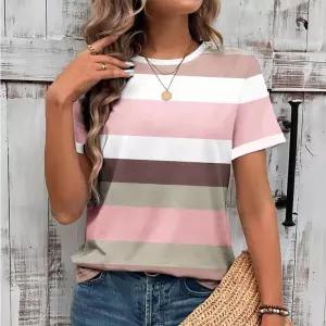 여자 스트라이프 여름 데일리 단가라 반팔티U넥셔츠 라운드 이너셔츠 셔츠 기본셔츠 얇은셔츠 시원한셔츠