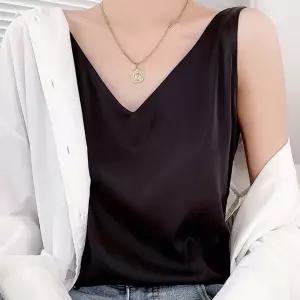 오피스룩 실크나시 - 민소매 V넥 이너티 블라우스여자 티셔츠 레이어드패션 레이어드티 슬리브리스탑 이너