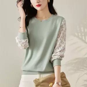 라운드 넥 여성 예쁜 블라우스 고급 긴팔 그린 셔츠 기본 브라우스 소매프린트 여자 대학생