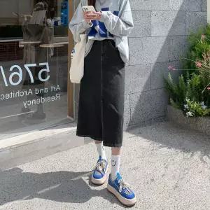 여자 가을 봄 스커트 A라인 청치마 롱 데님 앞트임 트임 패션 치마