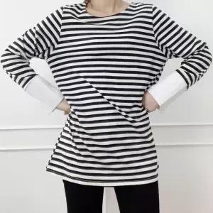 빅사이즈 여성 스트라이프 캐쥬얼 커프스 면 티셔츠 단가라 봄신상 라운드 줄무늬