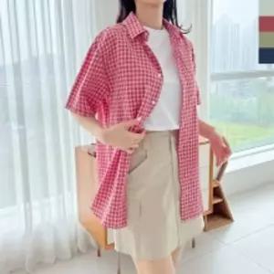 여자 4색상 오버핏 시어서커 썸머 체크 반팔 남방 셔츠 ACC SS1022W 핑크 루즈 예쁜 포인트