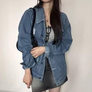 여성 루즈핏 디스트로이드 찢어진 청 데님 자켓 드진 여자