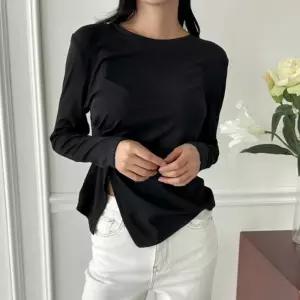 여성 봄 가을 앞셔링 라운드 골지 스판 긴팔 티셔츠 셔링 포인트 베이직