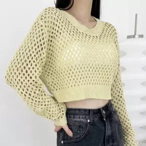 여성 라운드 그물 크롭 긴팔 니트 시스루 티셔츠여자 꽈배기 봄니트 여름 숏니트
