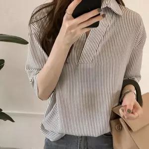캐주얼 여성 베이직 7부 스트라이프 셔츠 블라우스 남방 정장 오피스룩 출퇴근 줄무늬