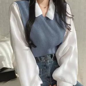 조끼페이크 셔츠 블라우스 ST419니트티 골지 숏 브이넥 라운드 긴발 남방 크롭 반팔