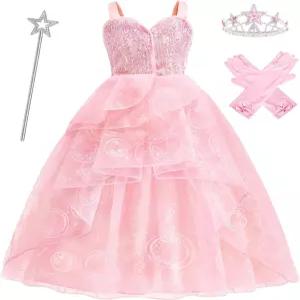 왕관 지팡이 장갑을 낀 소녀들을 위한 오데사보 핑크 마녀 의상 할로윈 착한 공주 드레스 업