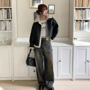 여성 루즈핏 페이크 스웨이드 양털 크롭 무스탕