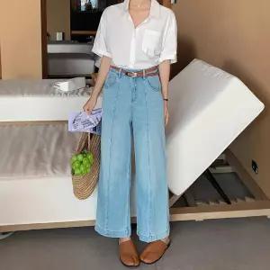 여성청바지 봄여름 벨트 라이트 데님 와이드 일자 9부 청바지 심쿵직구