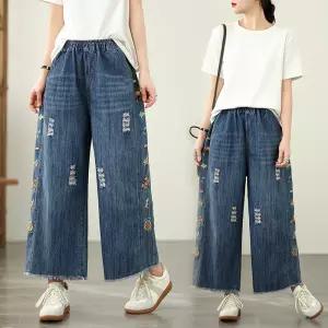 여성청바지 봄여름 빅사이즈 허리밴딩 자수 데님 통바지 찢어진 9부 팬츠 심쿵직구