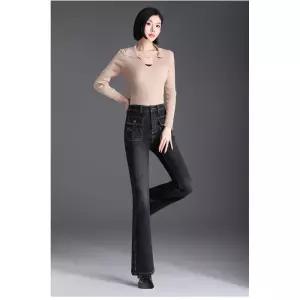 여성용 와이드 청바지 기모 하이웨스트 데님 부츠컷 팬츠 겨울 슬림 KS4