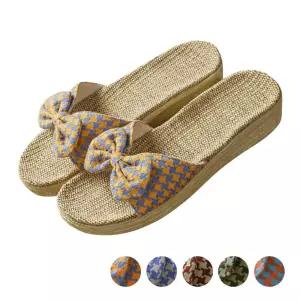 린넨 리본 슬리퍼 여성 실내화 거실용 편안한 마슬 사무실 블링 여름 사계절 키높이 럭셔리 패션 통기성좋