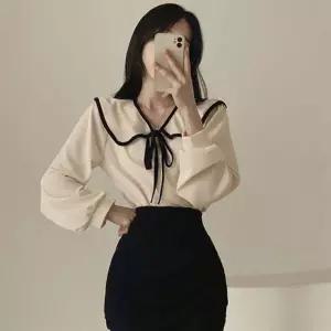 여자 외출 빅 넓은 카라 리본 매듭 러블리 세일러 긴팔 블라우스 하객셔츠 쉬폰 여름 봄신상 예쁜 실크 여