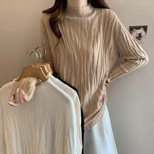 G126949_포근한 물결 자가드 반폴라 스판 니트티셔츠골지 캐시미어 루즈핏 비스코스 반목 터틀넥 빅사이즈