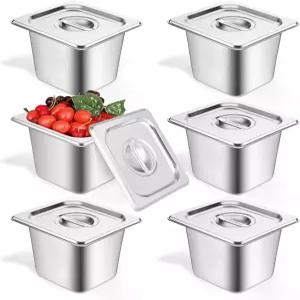 호텔 레스토랑 뷔페 파티 용품을 위한 뚜껑이 있는 6세트 팬 1 /6 사이즈 6인치 딥 스테인리스 스팀 테이블