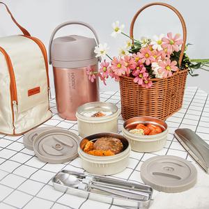 키친구 3단 보온도시락통 2.1L 대형+보냉 보온 도시락가방 베이지 세트