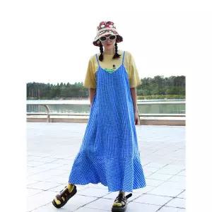 [앞머리]오버핏 격자체크 끈나시 뷔스티에 롱 썸머 원피스n0617_P365162972