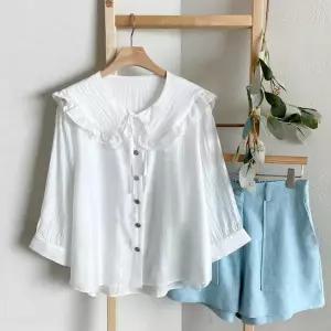 여성용 프릴넥 리본 언발란스 루즈핏 셔츠