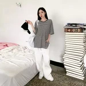 [하프클럽/]여성 롱슬리브 단가라 빅사이즈 티셔츠