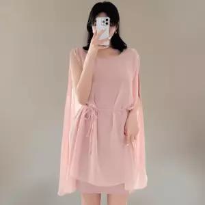 여성 슬림핏 허리끈 쉬폰 민소매 미니 드레스