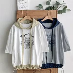 여자 캐주얼 나염 배색 후드 스트링 반팔 티셔츠