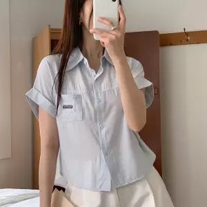 여자 파스텔 크롭 롤업반팔 시스루 카라넥 굴림 셔츠