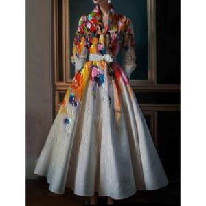 플리츠 원피스 우아한 맥시 드레스 멀티 컬러 턴다운 칼라 소매 파티 결혼식 이브닝