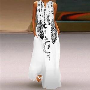 플리츠 원피스 여성용 루즈 캐주얼 깃털 프린트 플러스 사이즈 V넥 민소매 패션 우아한 이브닝 여름