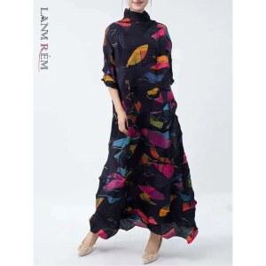 플리츠 원피스 LANMREM 여성용 대형 터틀넥 루즈 드레스 여성 캐주얼 의류 2DB2113