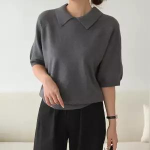 [데일리앤] 시프 여성 퍼프 5부 반팔 카라넥 니트 티셔츠 부드러운 가을 무지 나그랑 니트티