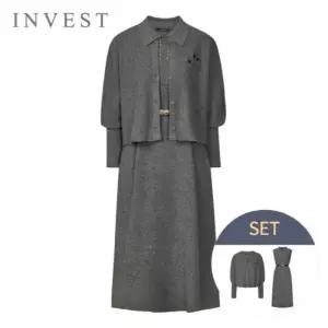 [인베스트] 볼륨 소매 가디건+ 벨트 원피스 세트_IN5W1OP3111