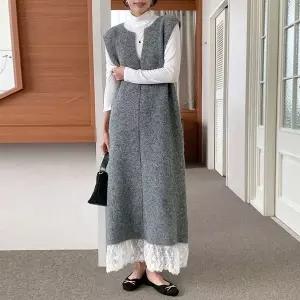 [하프클럽/]겨울 레이스 니트 베스트 롱 원피스 여성 빅사이즈