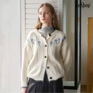 [르샵]라운드넥 플라워 자수 배색 니트 가디건 (DP4CK031A)