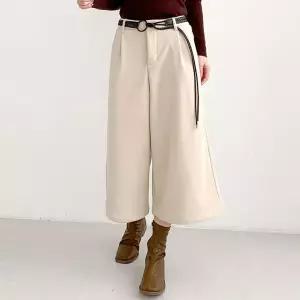 겨울 밍크기모 코듀로이 와이드 팬츠 골지 벨트 세트 여성 8부 뒷밴딩 통바지