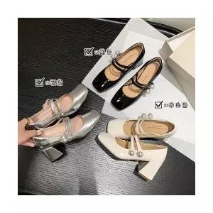 여성용 하이힐 신발 프렌치 슬링백 진주 일자 메리제인 슈즈 빈티지 통굽 블랙 힐 KS5