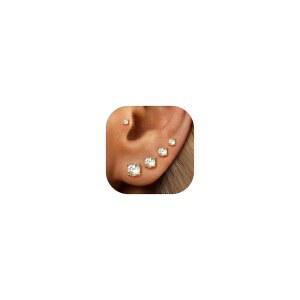 여성용 14K 금도금 스터드 귀걸이 5쌍, 멀티 피어싱용 저자극 세트, 프리미엄 큐빅 지르코니아