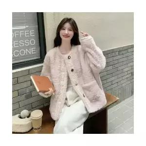 여성 모피 코트 핑크 레이스 램스울 겨울 방한 퍼 상의 MODU4