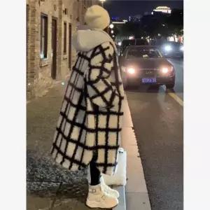 후드 677704 체크무늬 양털코트 -021 롱코트 뽀글이 여성코트 겨울