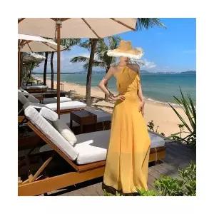 여성 쉬폰원피스 시폰 프렌치 홀터넥 펀칭 슬림핏 원피스 해변 바캉스 비치 드레스 ADOR1