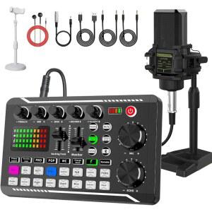 [미국배송] F998 팟캐스트 장비 번들 오디오 인터페이스 및 BM888 녹음 스튜디오 마이크 전문가용 라이브 사운드 카드(DJ 믹서 효과 포함) 스트리밍 게임용 음성 변환기 YOUTUBE TIKTOK