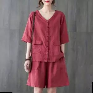 린넨반바지세트 여성 여름 린넨 브이넥 반팔 셔츠 상하 반바지 세트